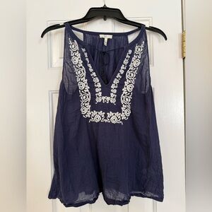 Joie Navy Embroidered Boho Tank Top Size S Cotton